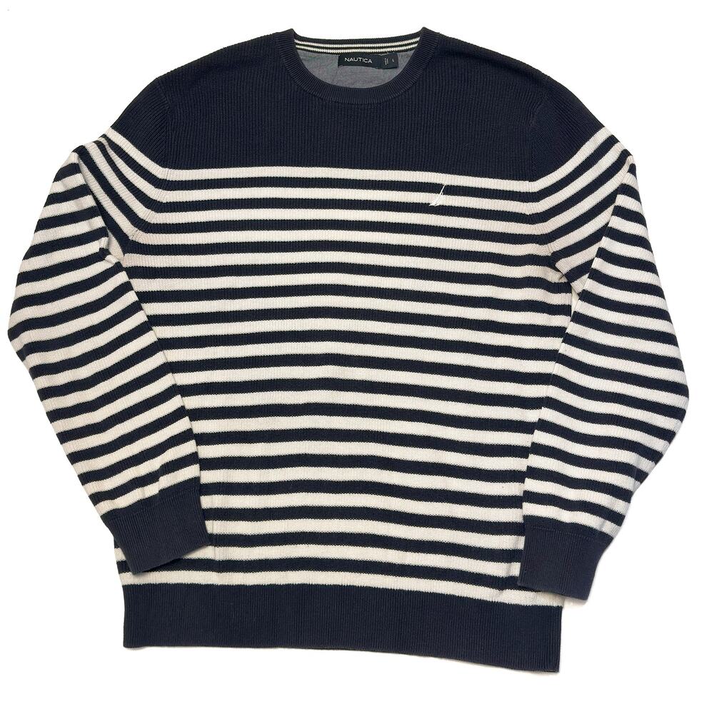Nautica Men's Navy White Stripe 100% Cotton Crewneck Sweater Size L Classic